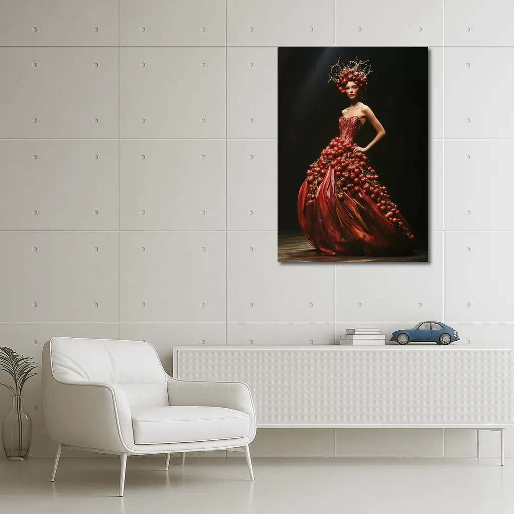 Woman Tomato Dress Fashion Dark Background – Wall Art