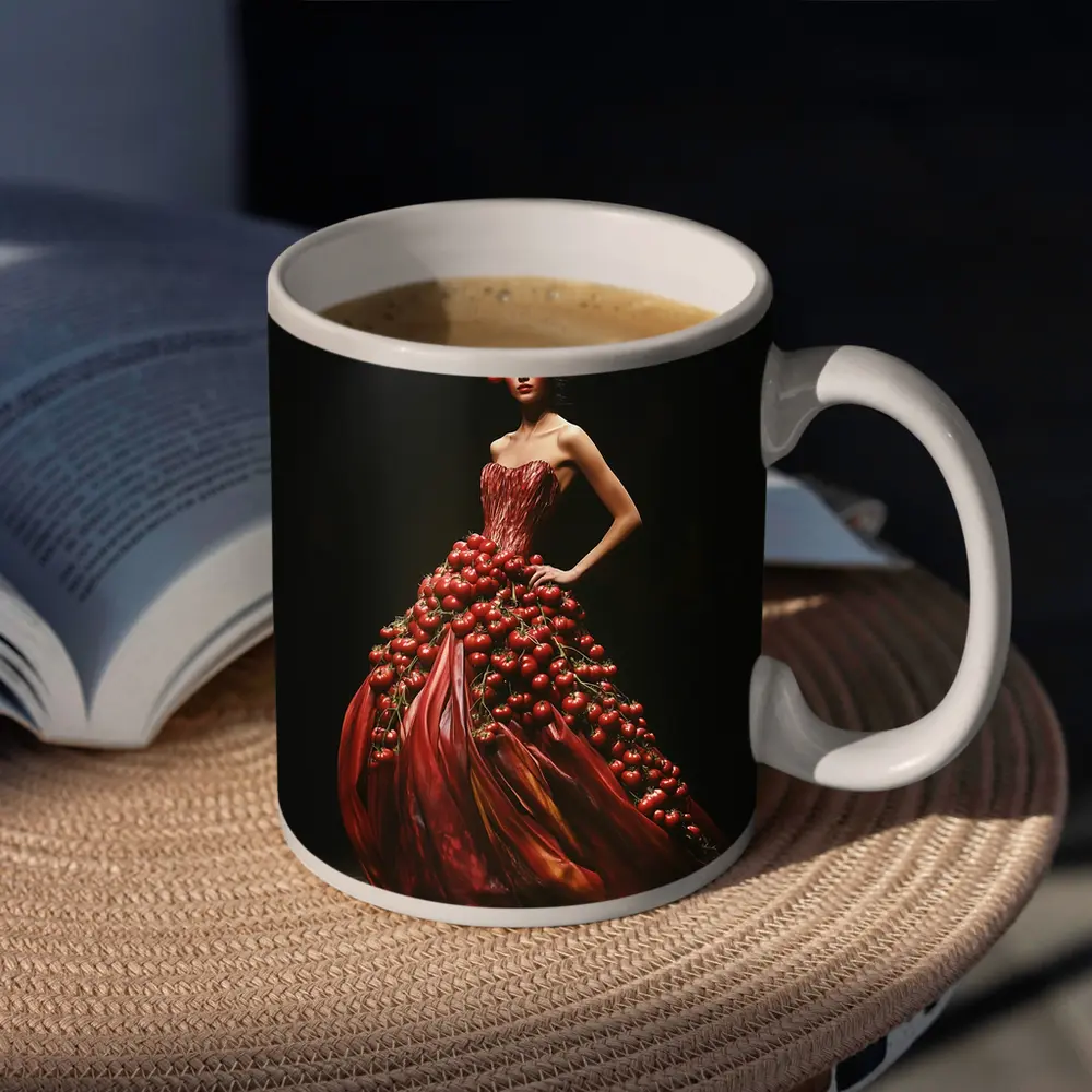 Woman Tomato Dress Fashion Dark Background – Mugs