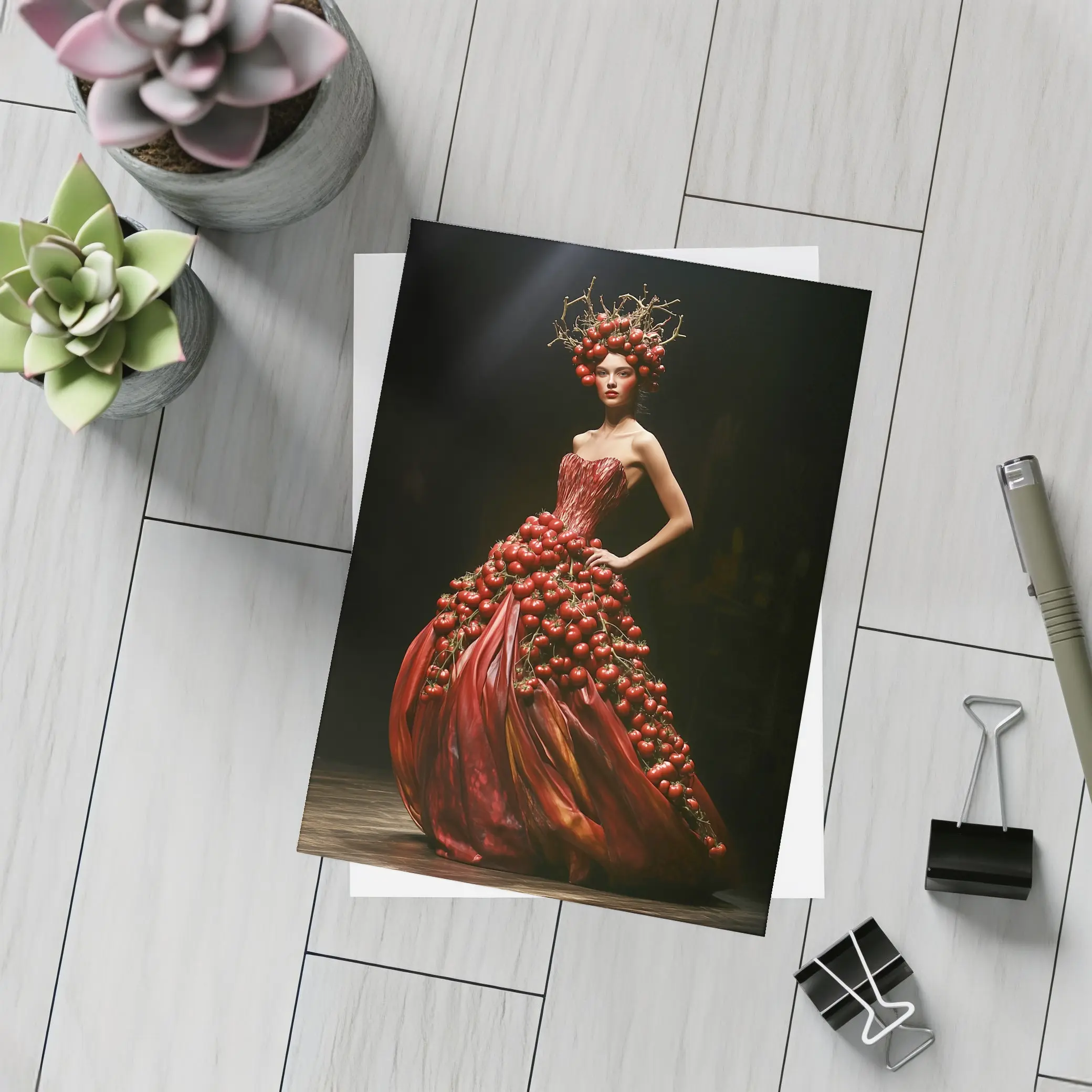 Woman Tomato Dress Fashion Dark Background – Postcards
