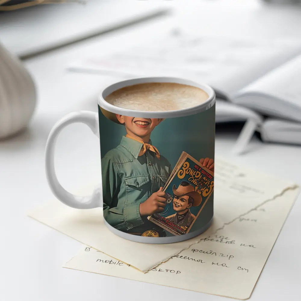 Retro Boy Cowboy Mask Comic Book Art – Mugs