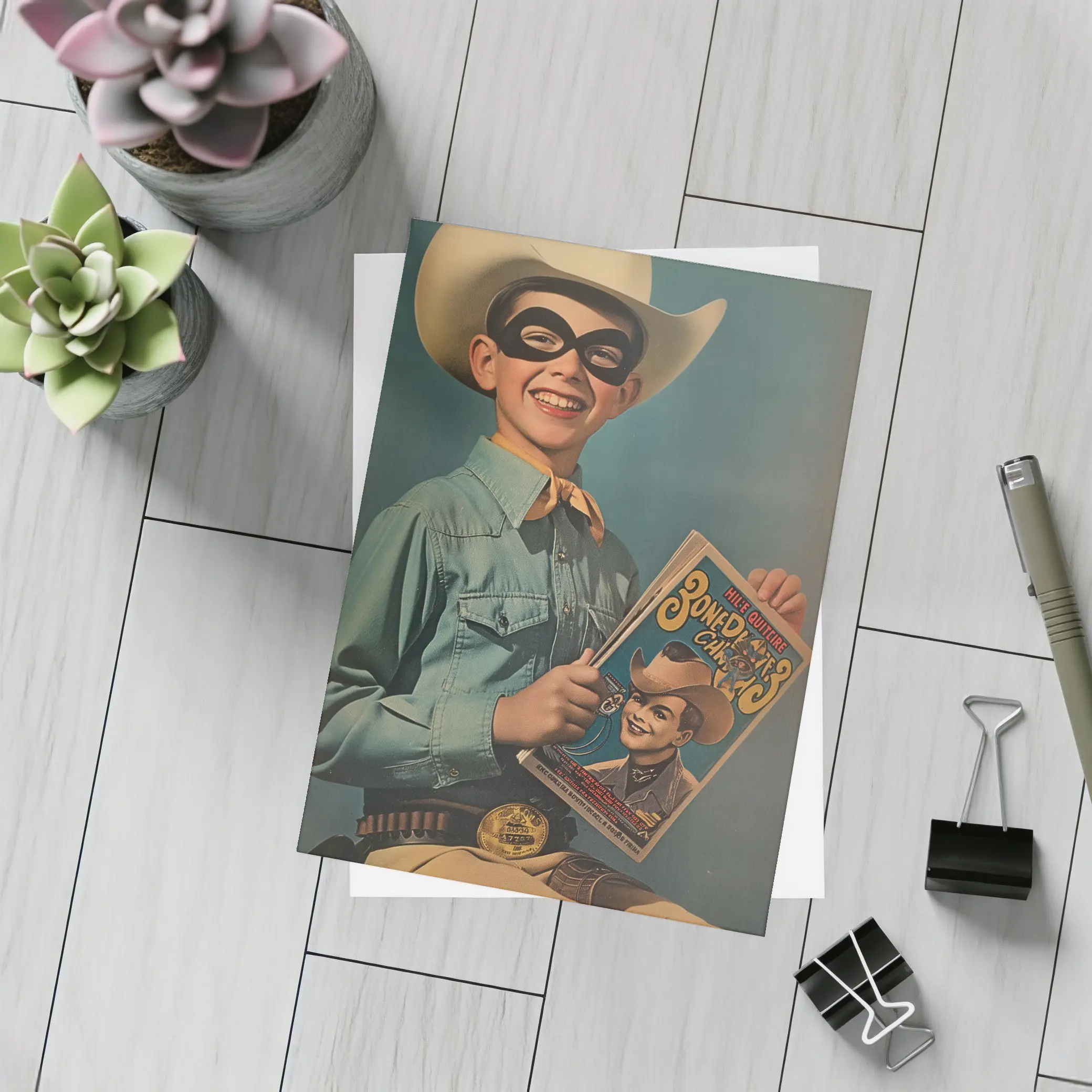 Retro Boy Cowboy Mask Comic Book Art – Postcards