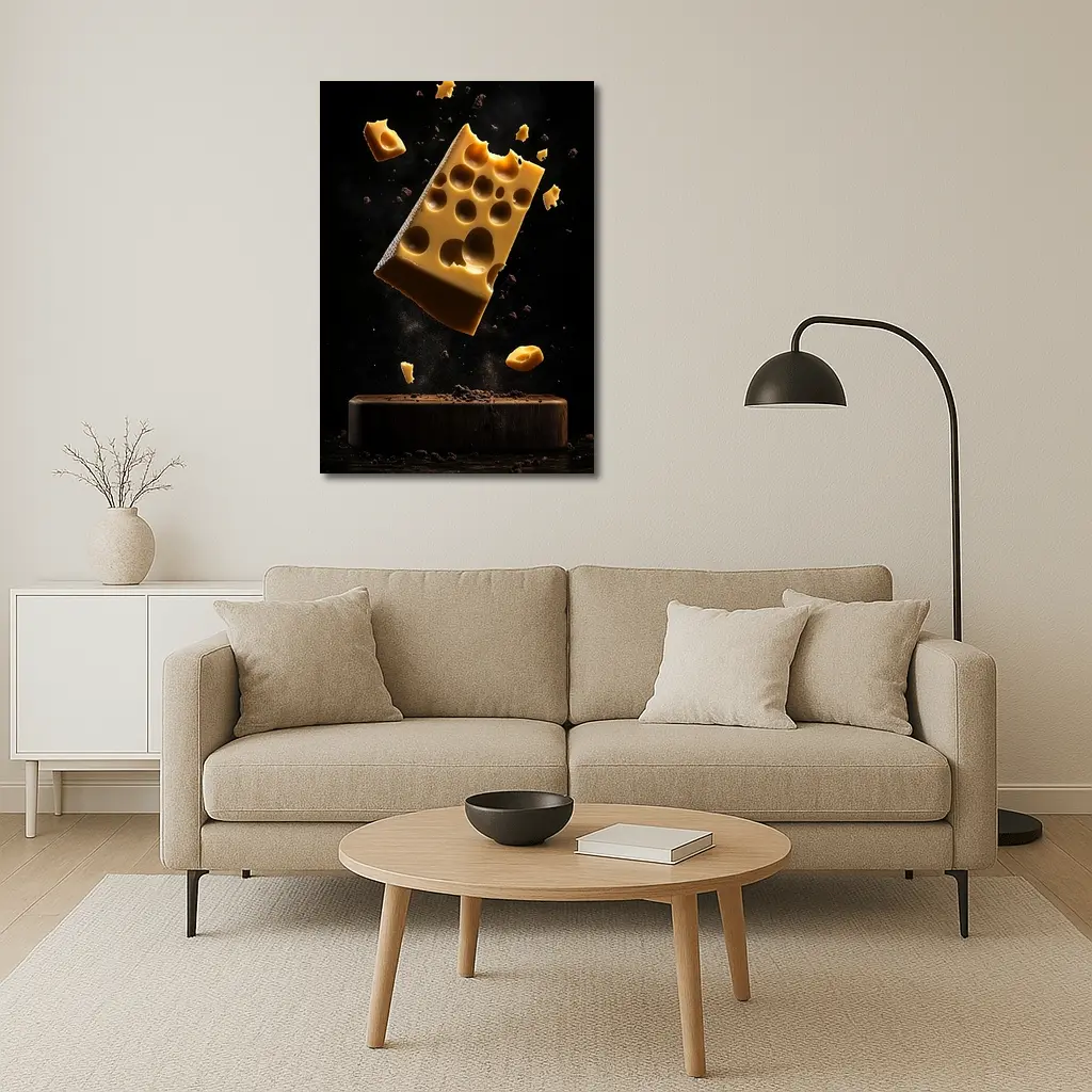 Swiss Cheese Block Floating Dark Background – Wall Art