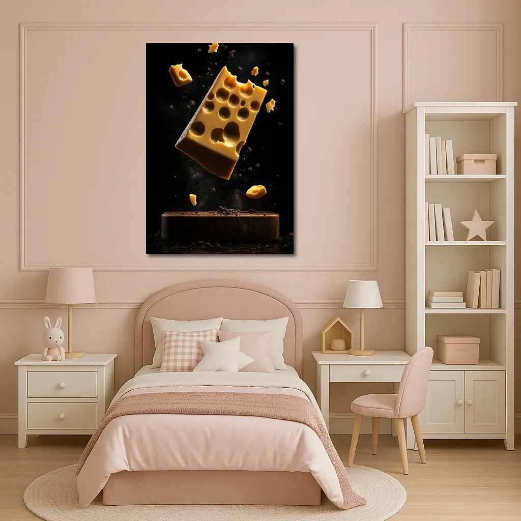 Swiss Cheese Block Floating Dark Background – Wall Art
