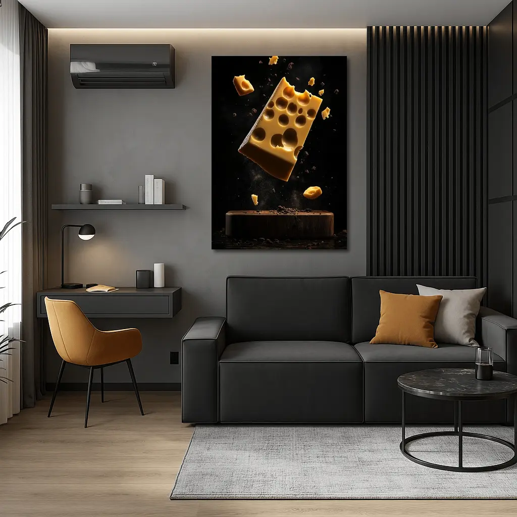 Swiss Cheese Block Floating Dark Background – Wall Art