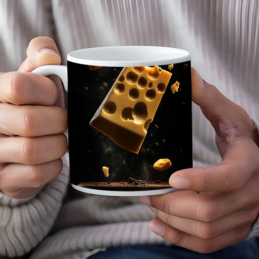 Swiss Cheese Block Floating Dark Background – Mugs