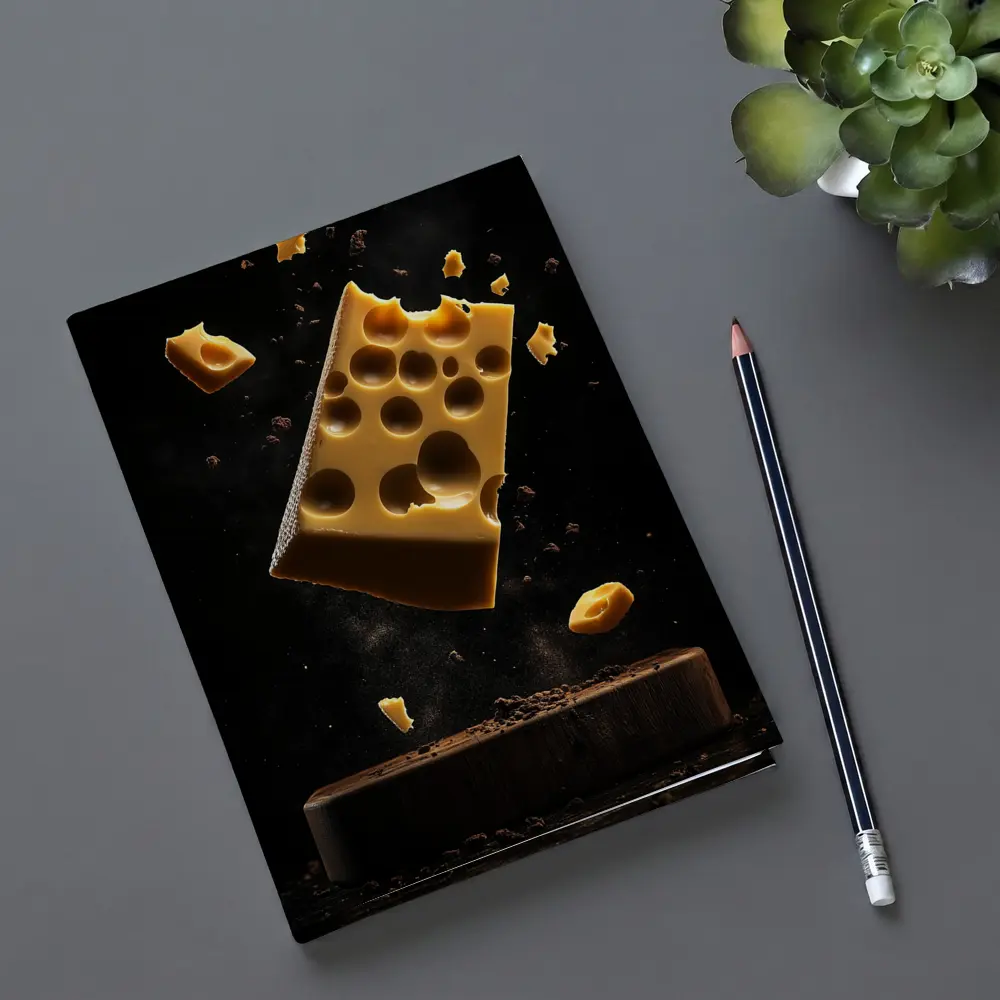 Swiss Cheese Block Floating Dark Background – Notebooks