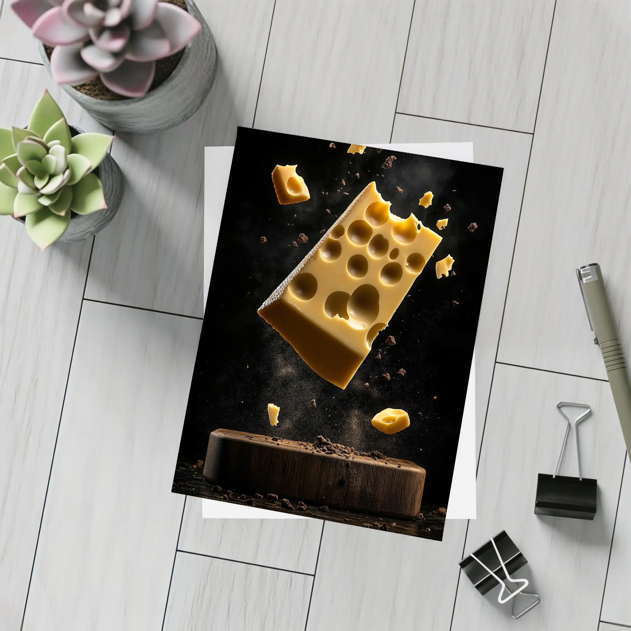 Swiss Cheese Block Floating Dark Background – Postcards
