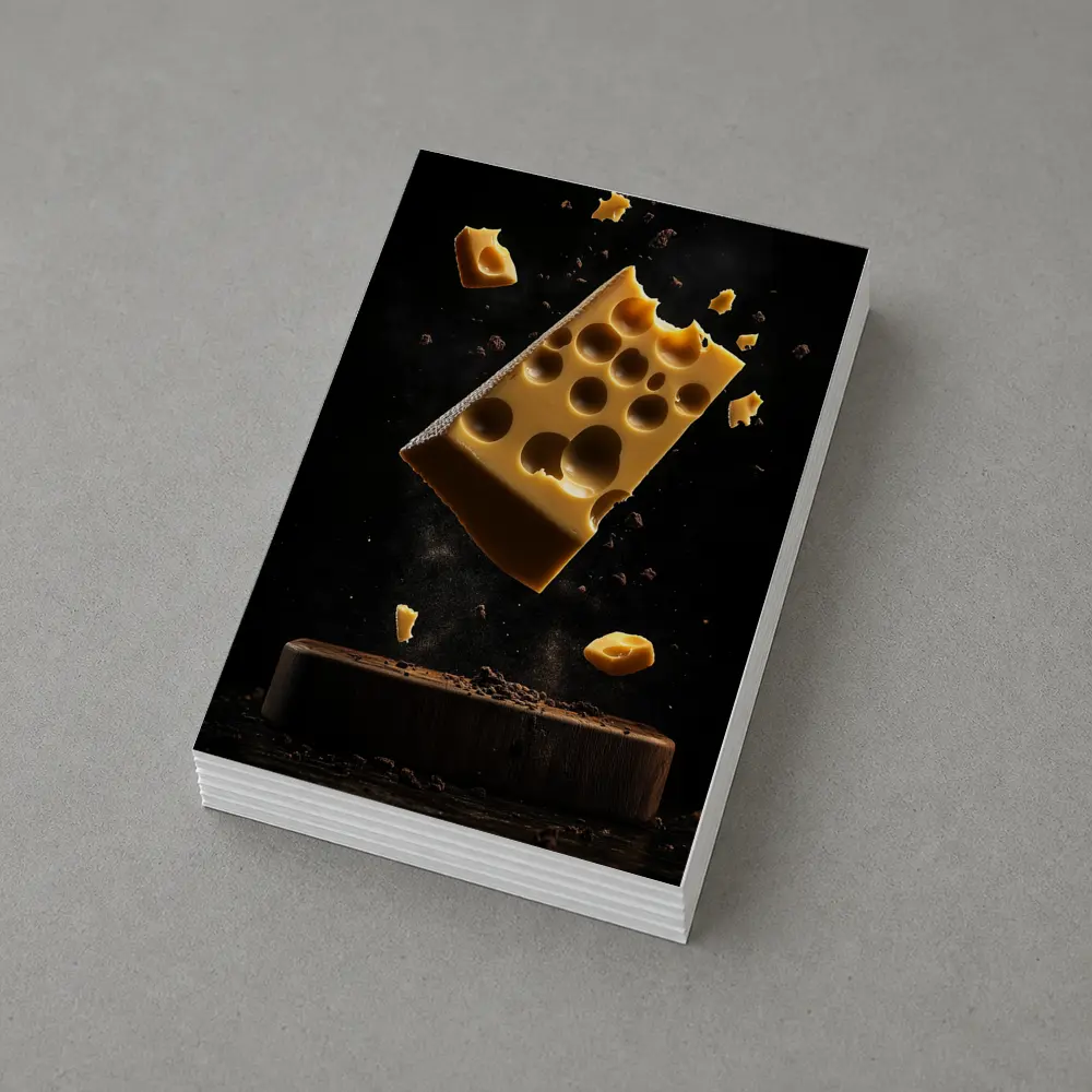 Swiss Cheese Block Floating Dark Background – Postcards