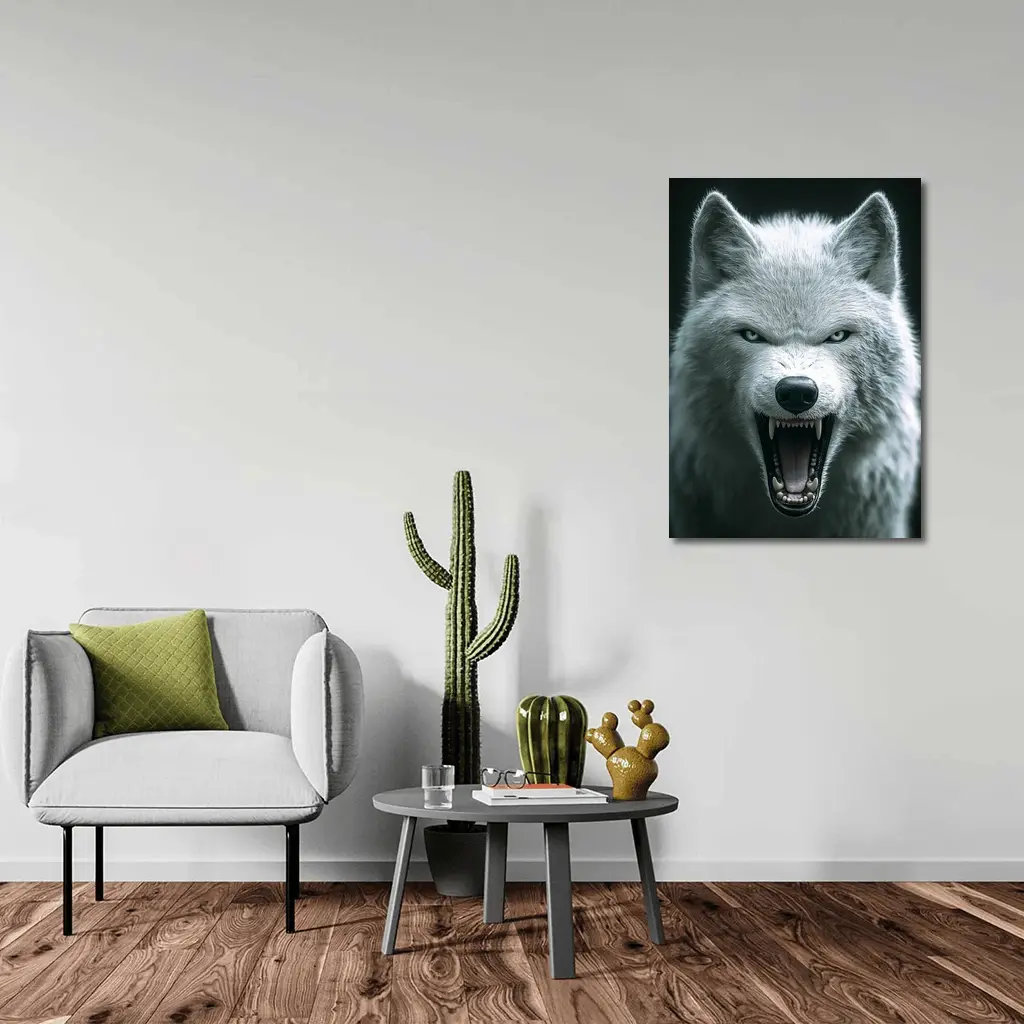 White Wolf Snarling Against Dark Background – Wall Art