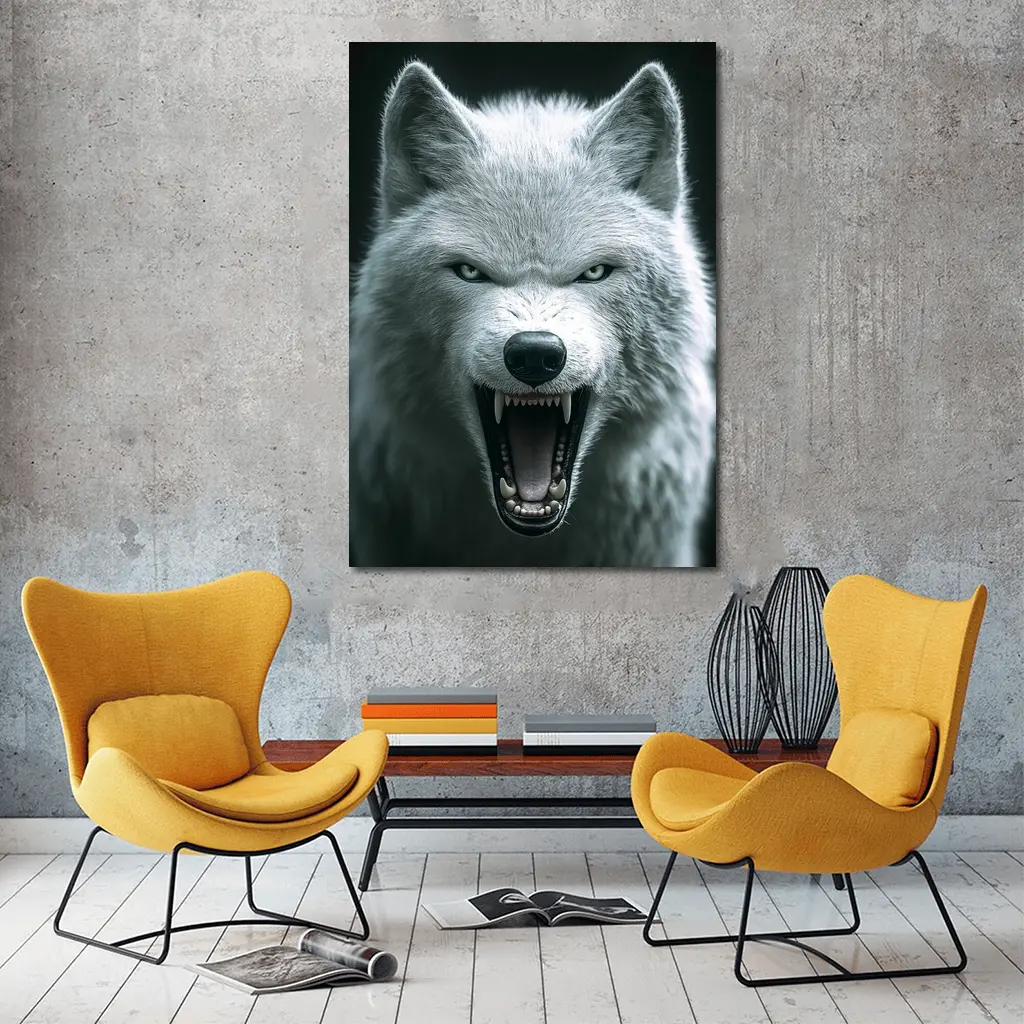 White Wolf Snarling Against Dark Background – Wall Art