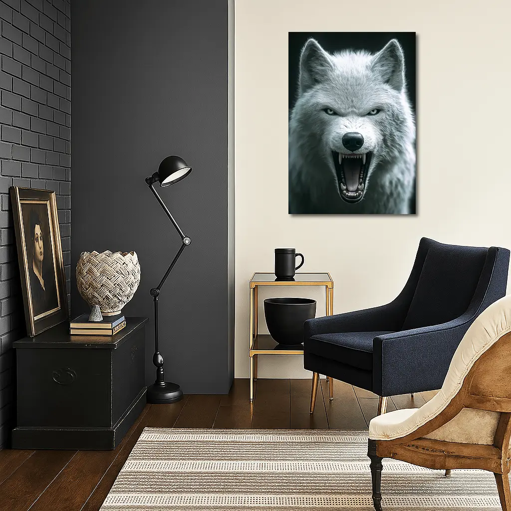 White Wolf Snarling Against Dark Background – Wall Art
