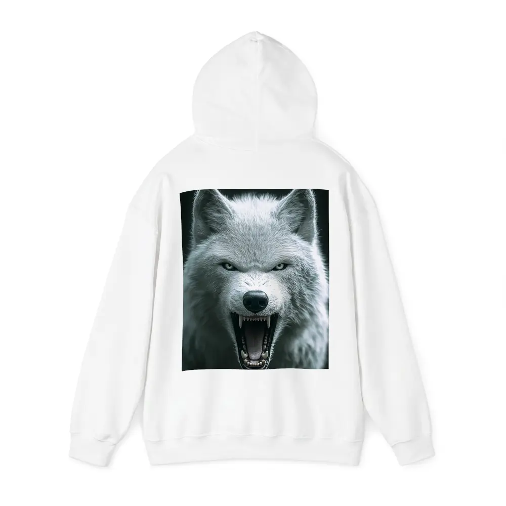 White Wolf Snarling Against Dark Background – Hoodies