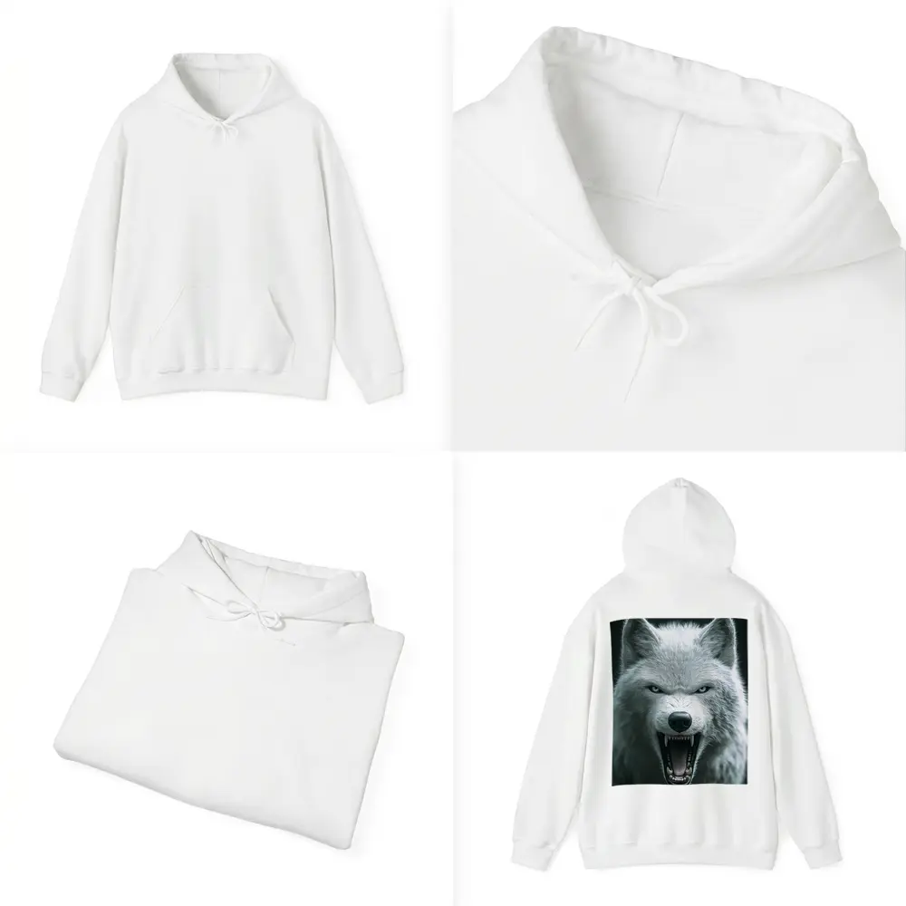 White Wolf Snarling Against Dark Background – Hoodies