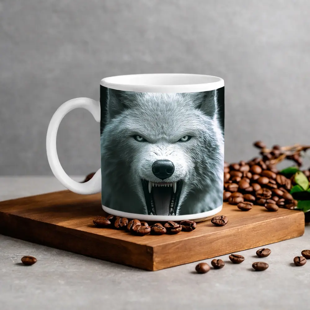 White Wolf Snarling Against Dark Background – Mugs