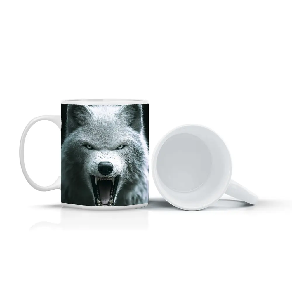 White Wolf Snarling Against Dark Background – Mugs