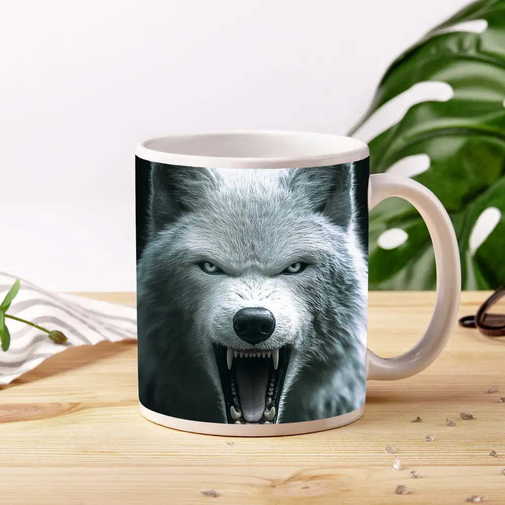 White Wolf Snarling Against Dark Background – Mugs