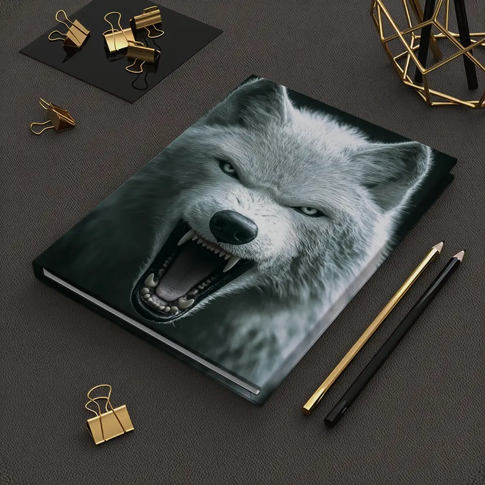 White Wolf Snarling Against Dark Background – Notebooks