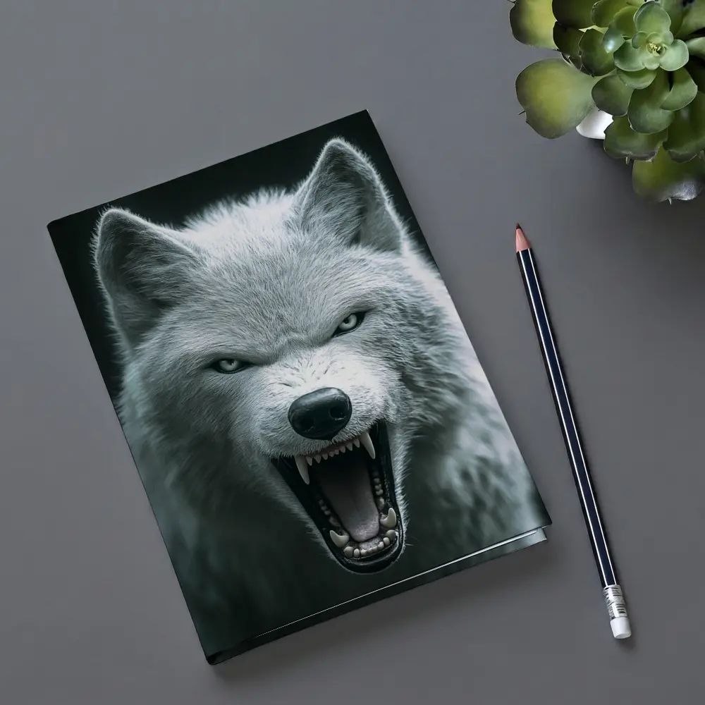 White Wolf Snarling Against Dark Background – Notebooks