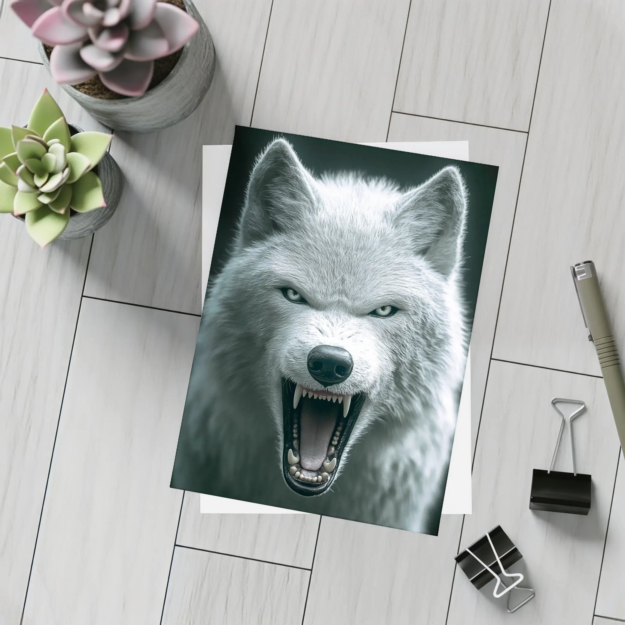 White Wolf Snarling Against Dark Background – Postcards