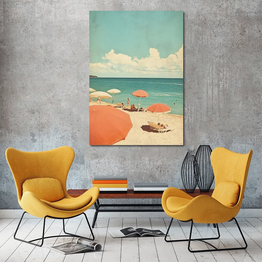 Retro Beach Scene Coral Umbrellas Summer – Wall Art