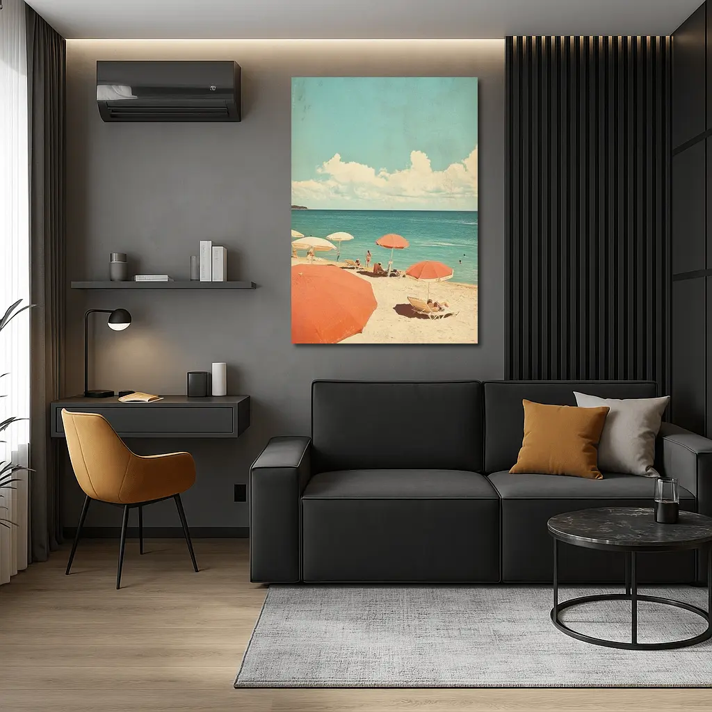 Retro Beach Scene Coral Umbrellas Summer – Wall Art