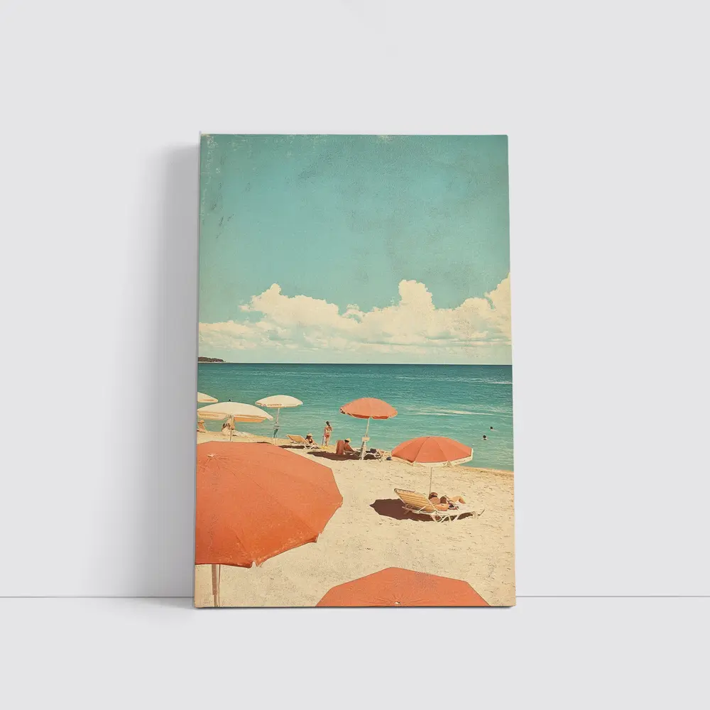 Retro Beach Scene Coral Umbrellas Summer – Wall Art