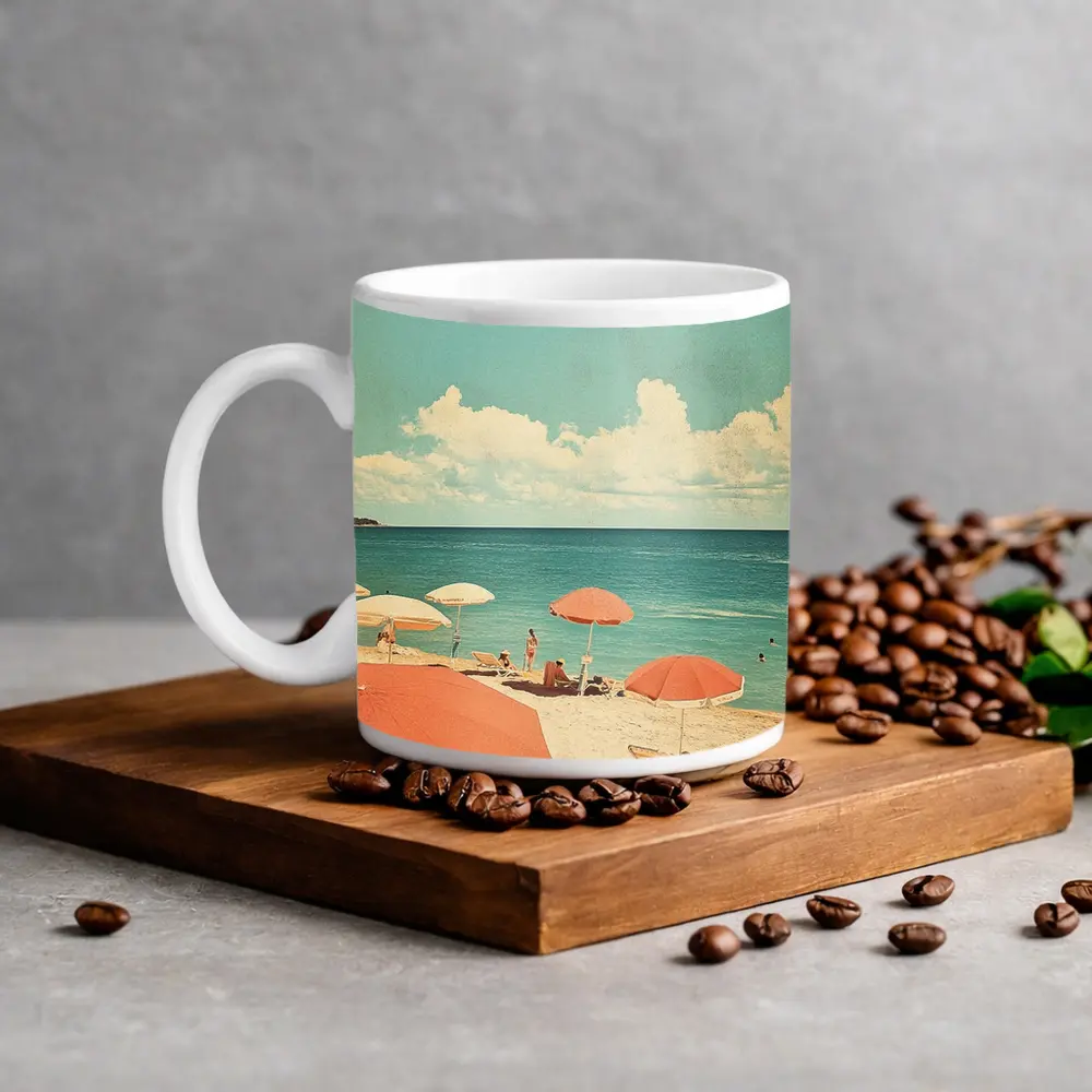 Retro Beach Scene Coral Umbrellas Summer – Mugs