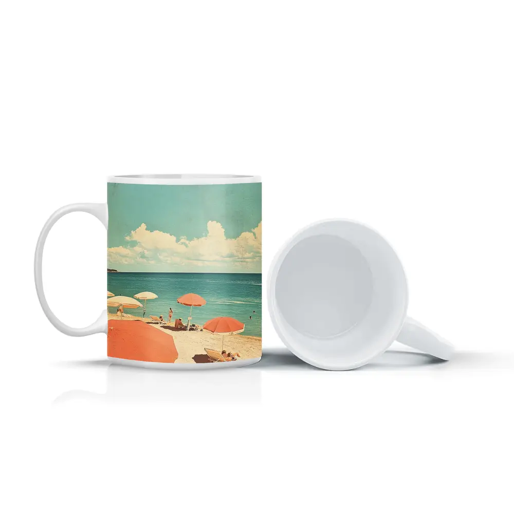 Retro Beach Scene Coral Umbrellas Summer – Mugs