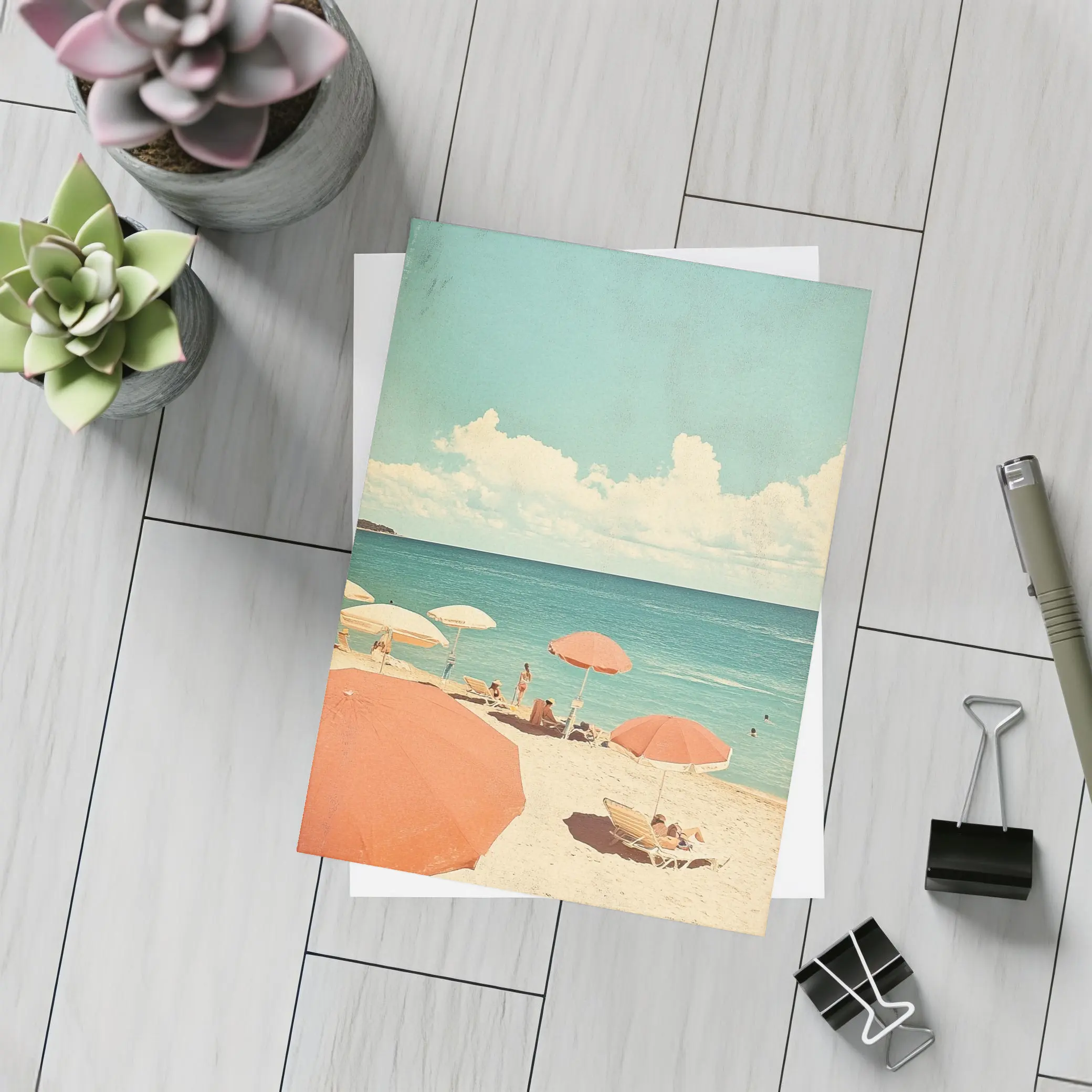 Retro Beach Scene Coral Umbrellas Summer – Postcards