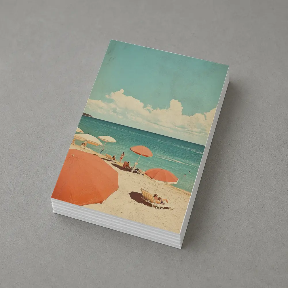 Retro Beach Scene Coral Umbrellas Summer – Postcards