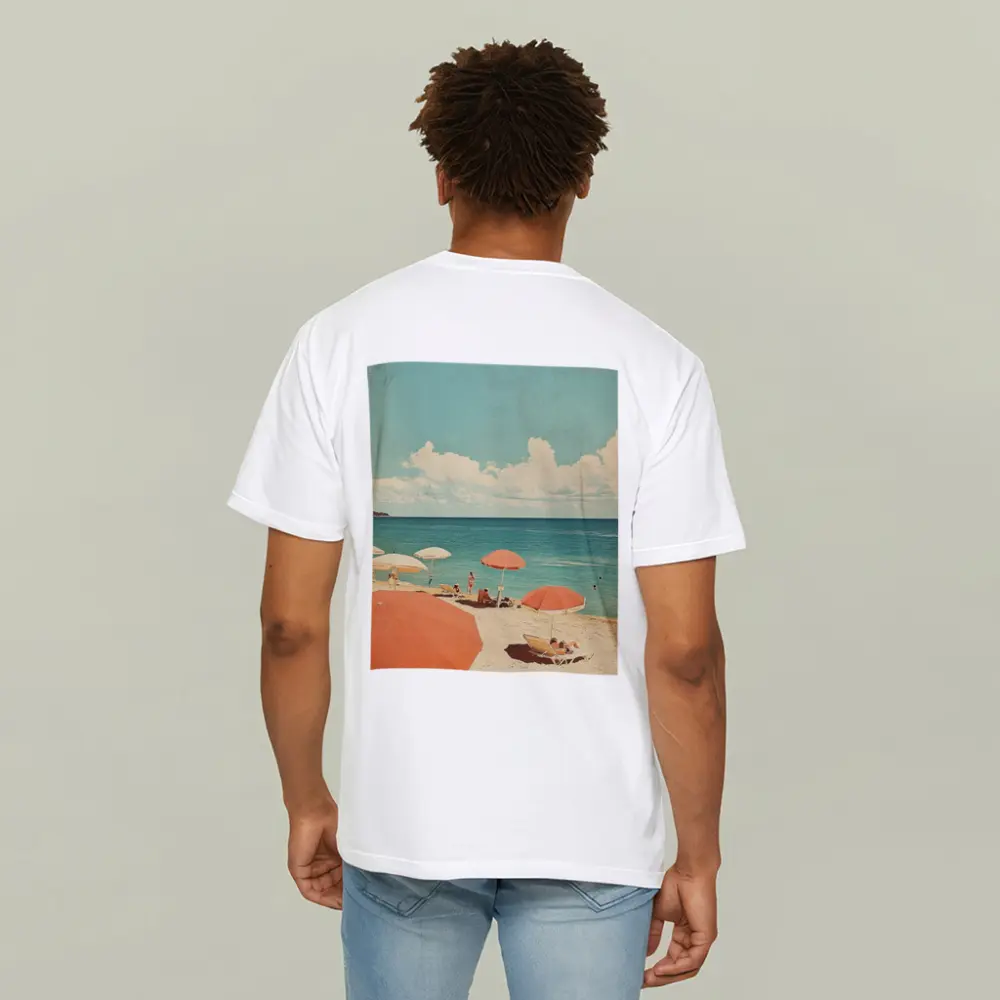 Retro Beach Scene Coral Umbrellas Summer – T-Shirts