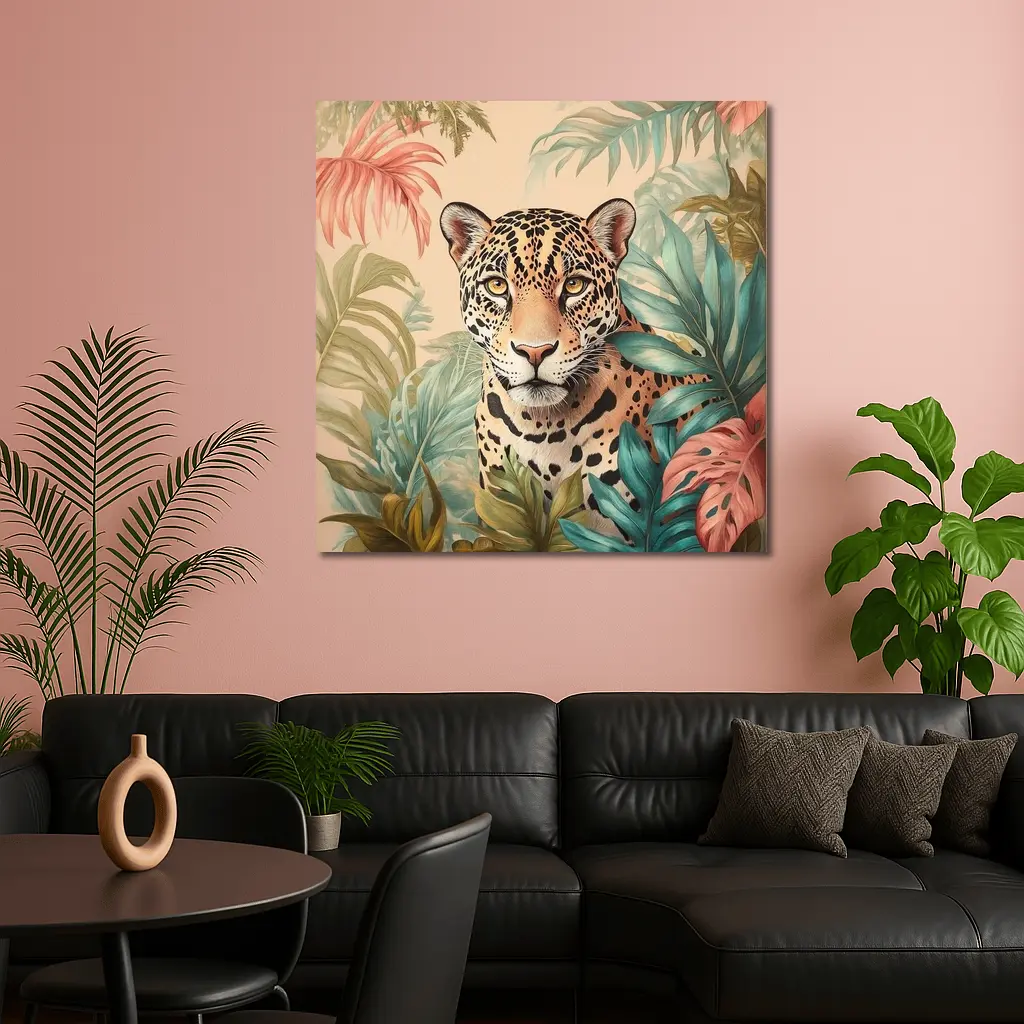 Jaguar Portrait Tropical Leaves Botanical Art – Wall Art