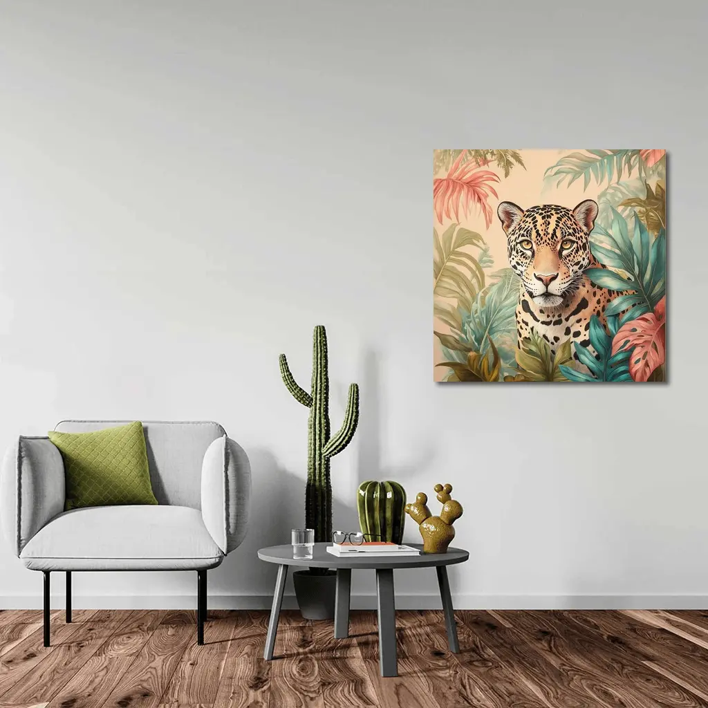 Jaguar Portrait Tropical Leaves Botanical Art – Wall Art