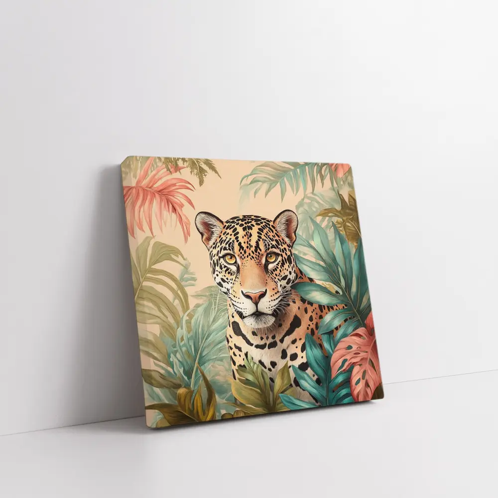 Jaguar Portrait Tropical Leaves Botanical Art – Wall Art