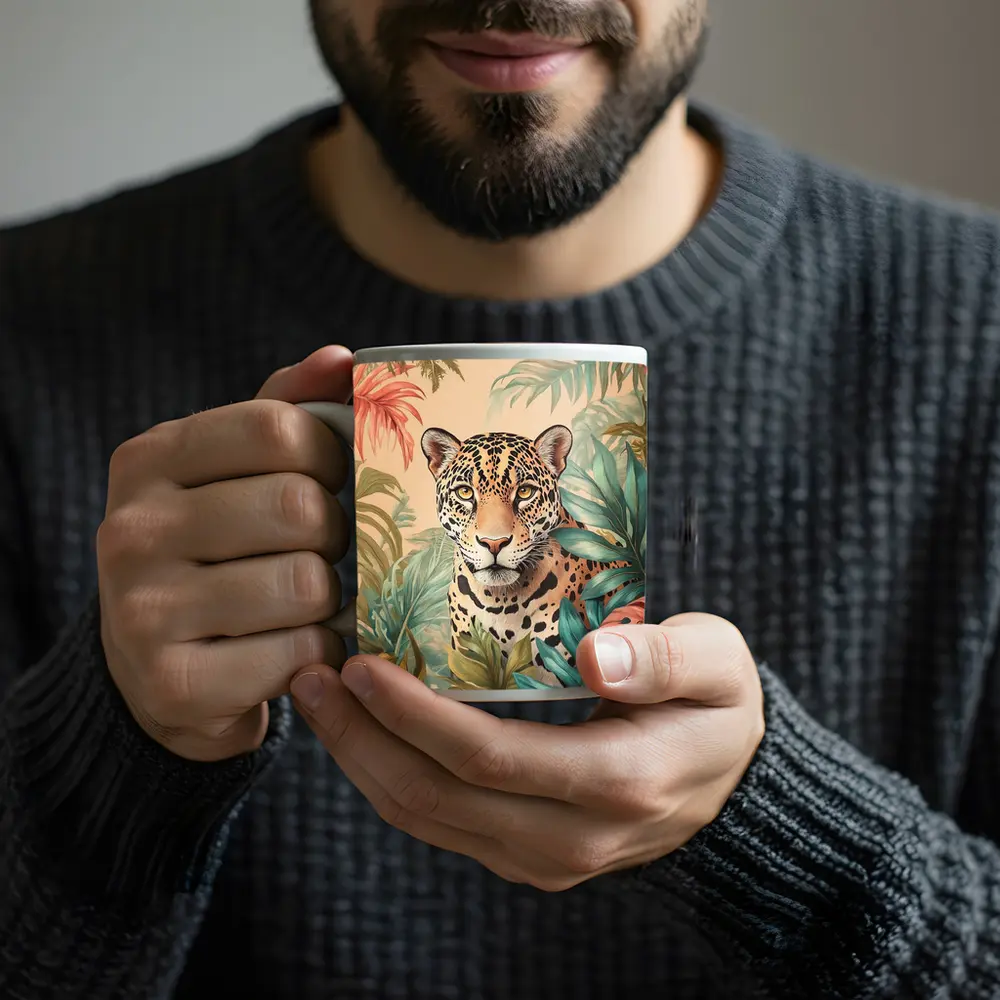 Jaguar Portrait Tropical Leaves Botanical Art – Mugs