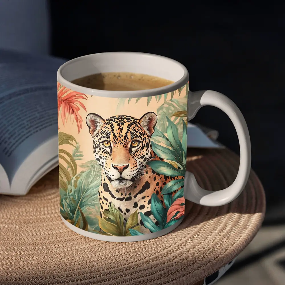 Jaguar Portrait Tropical Leaves Botanical Art – Mugs