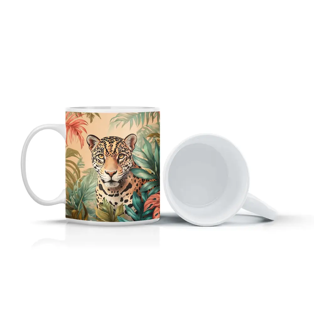 Jaguar Portrait Tropical Leaves Botanical Art – Mugs