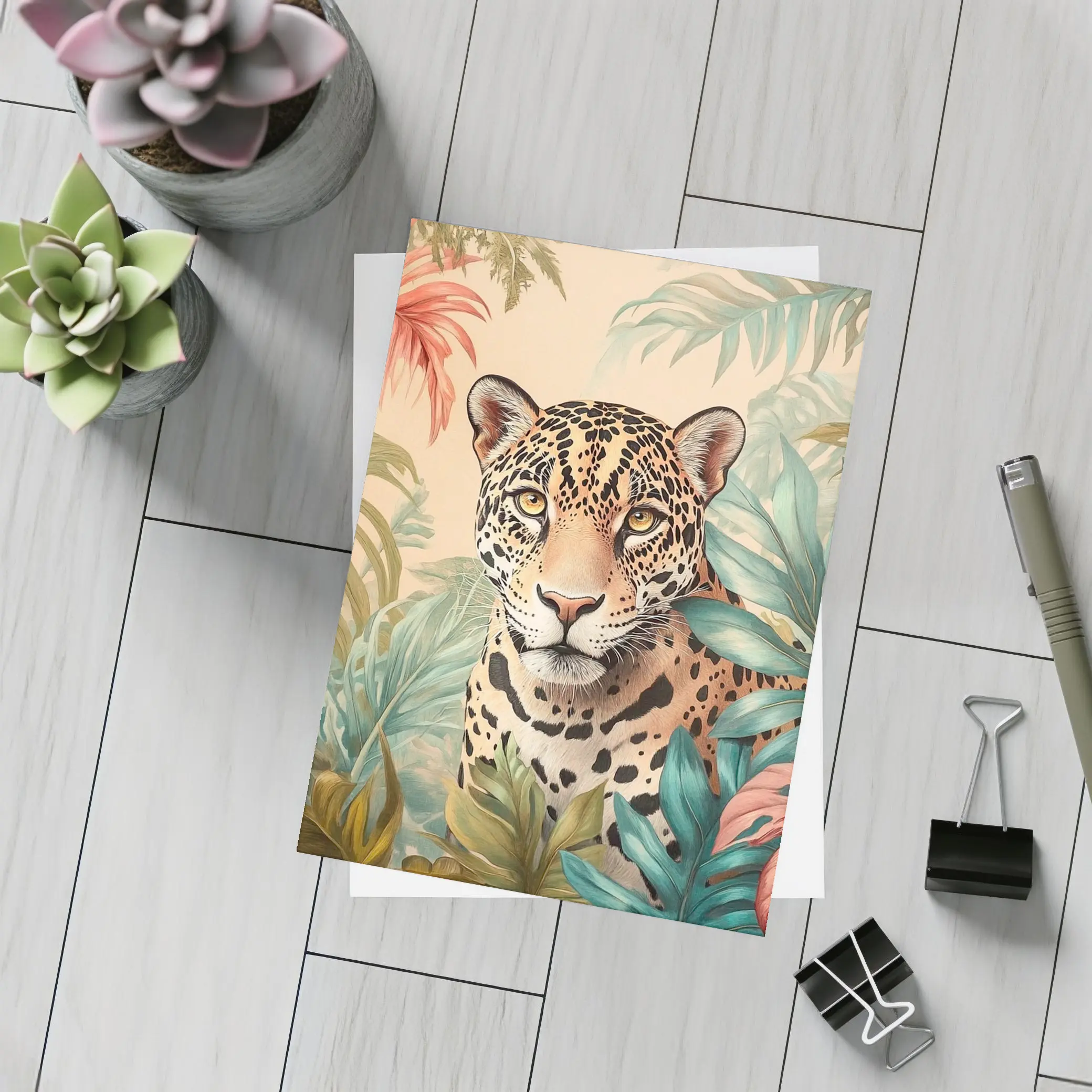 Jaguar Portrait Tropical Leaves Botanical Art – Postcards