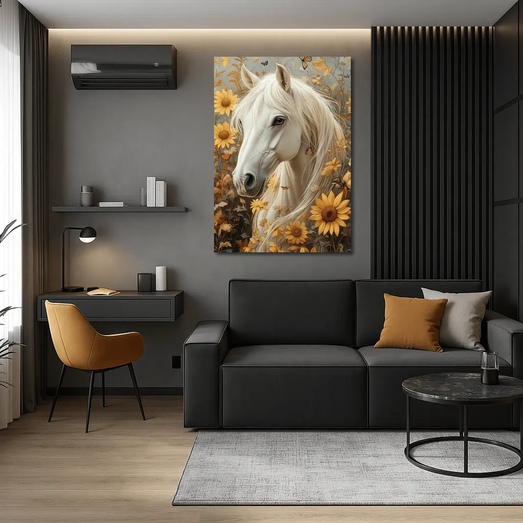 White Horse Portrait Sunflowers Butterflies Golden – Wall Art