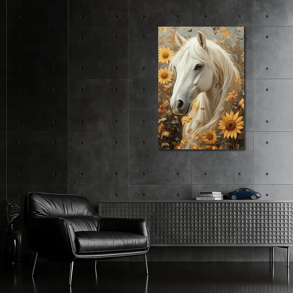 White Horse Portrait Sunflowers Butterflies Golden – Wall Art