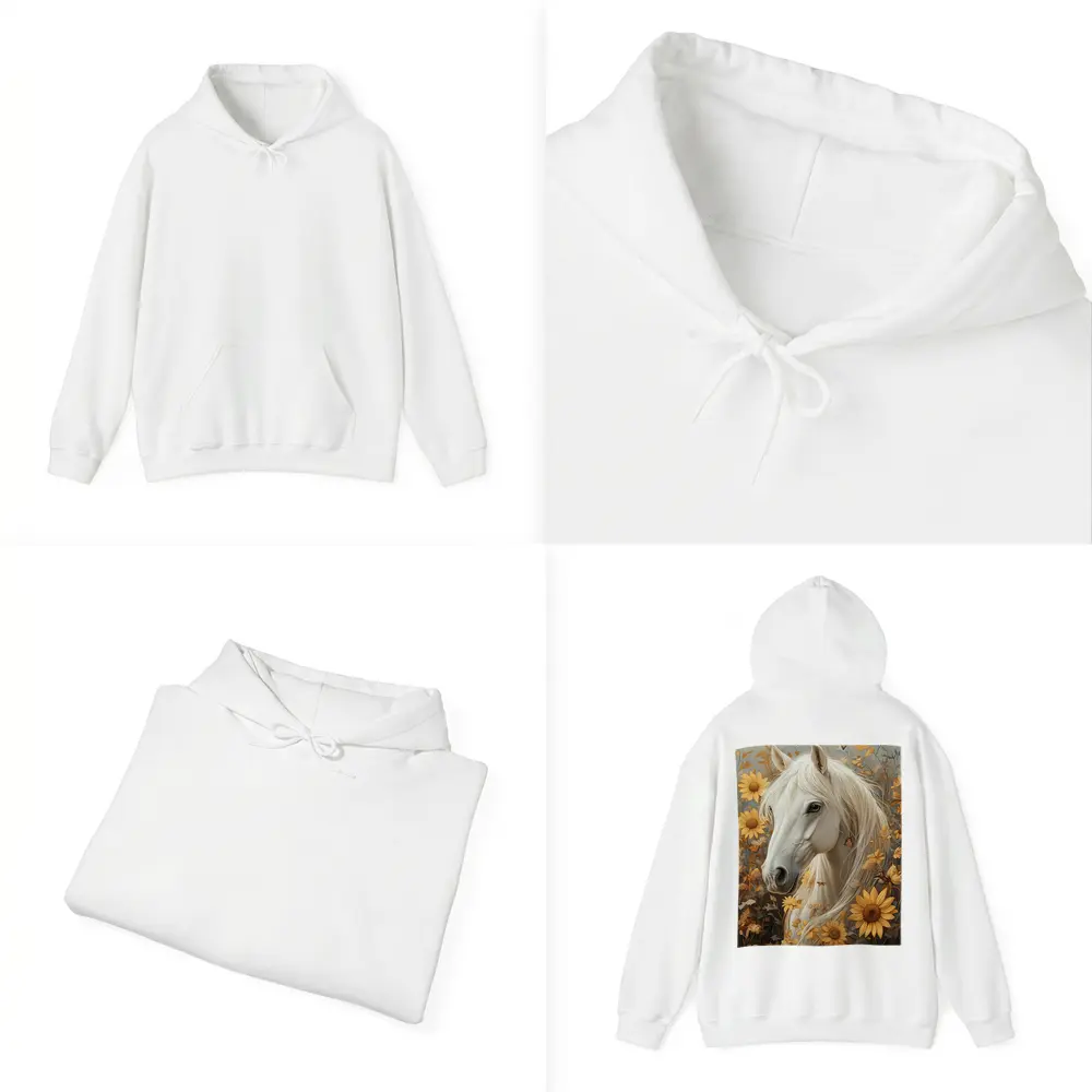 White Horse Portrait Sunflowers Butterflies Golden – Hoodies