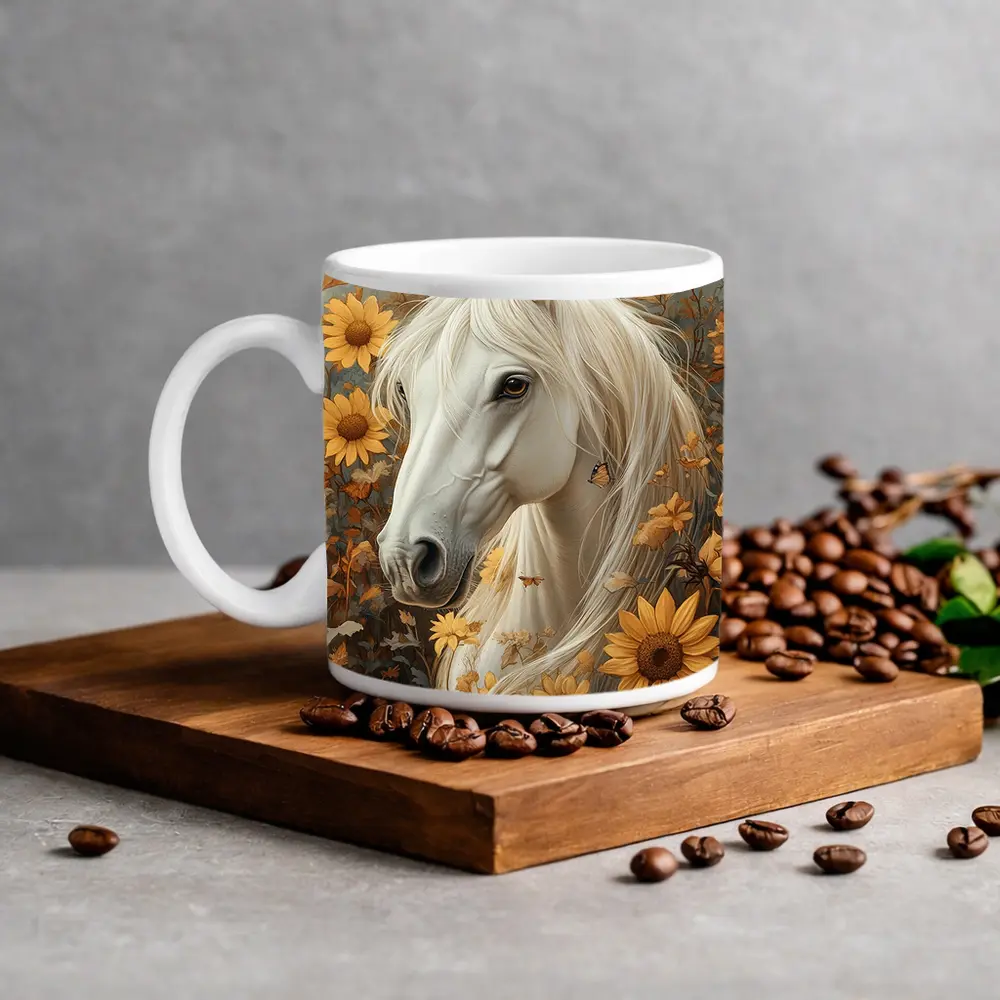 White Horse Portrait Sunflowers Butterflies Golden – Mugs