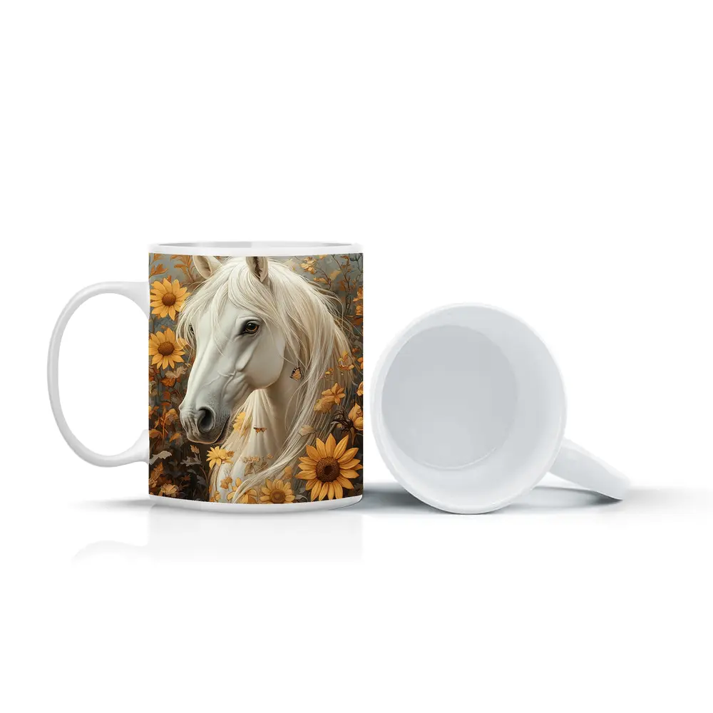 White Horse Portrait Sunflowers Butterflies Golden – Mugs