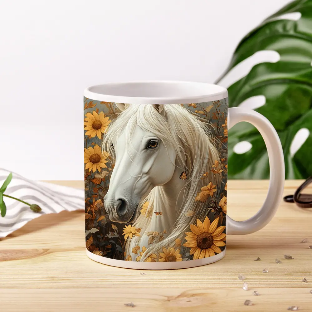 White Horse Portrait Sunflowers Butterflies Golden – Mugs