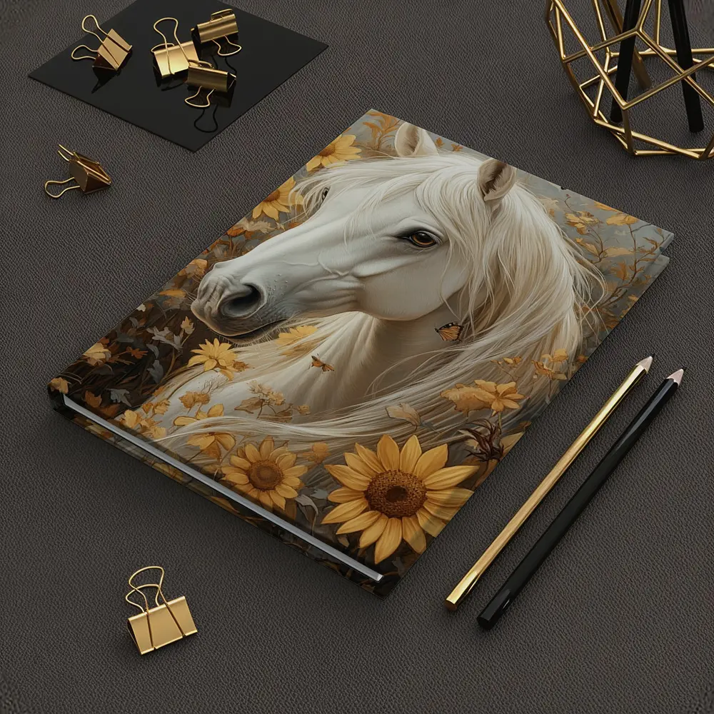 White Horse Portrait Sunflowers Butterflies Golden – Notebooks