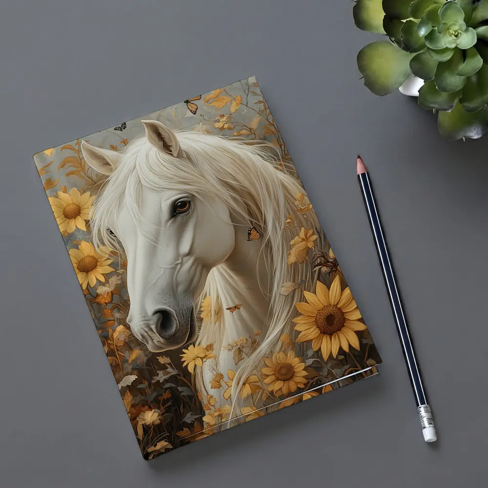 White Horse Portrait Sunflowers Butterflies Golden – Notebooks