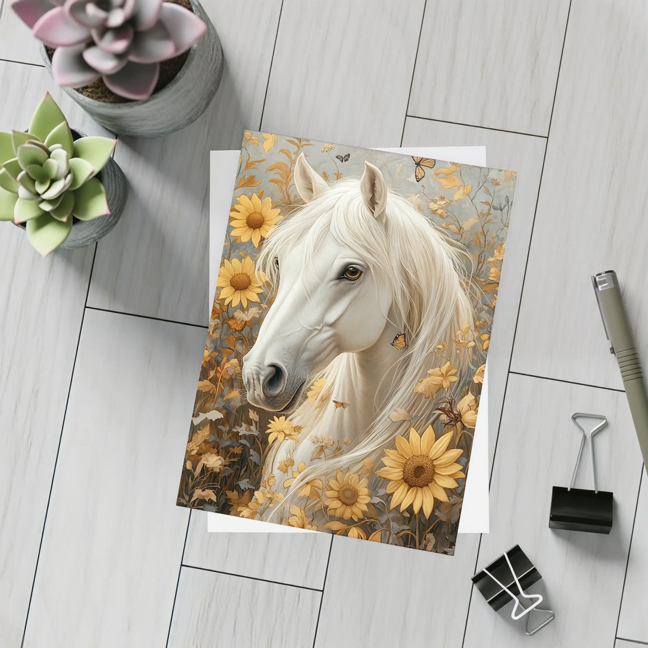 White Horse Portrait Sunflowers Butterflies Golden – Postcards
