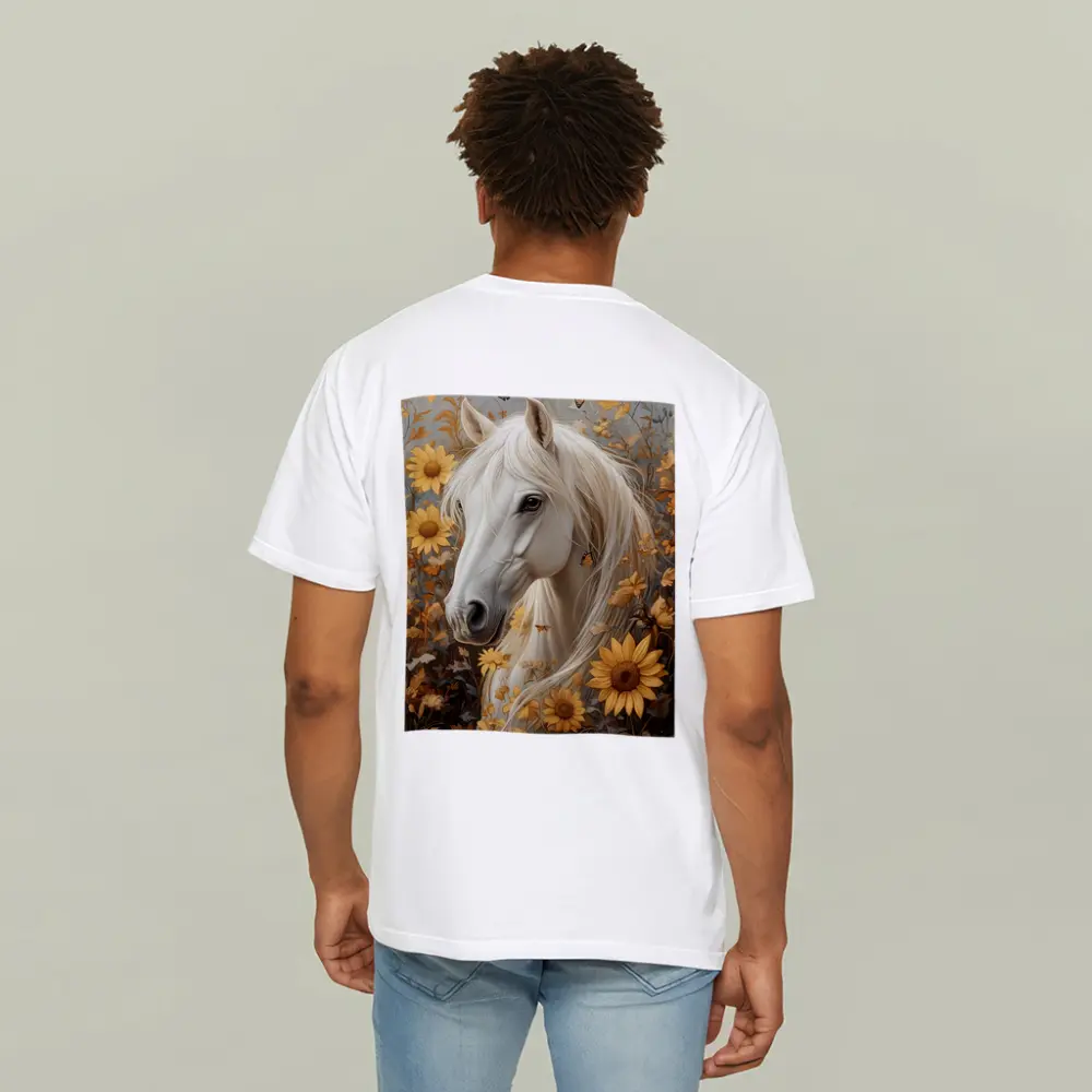 White Horse Portrait Sunflowers Butterflies Golden – T-Shirts