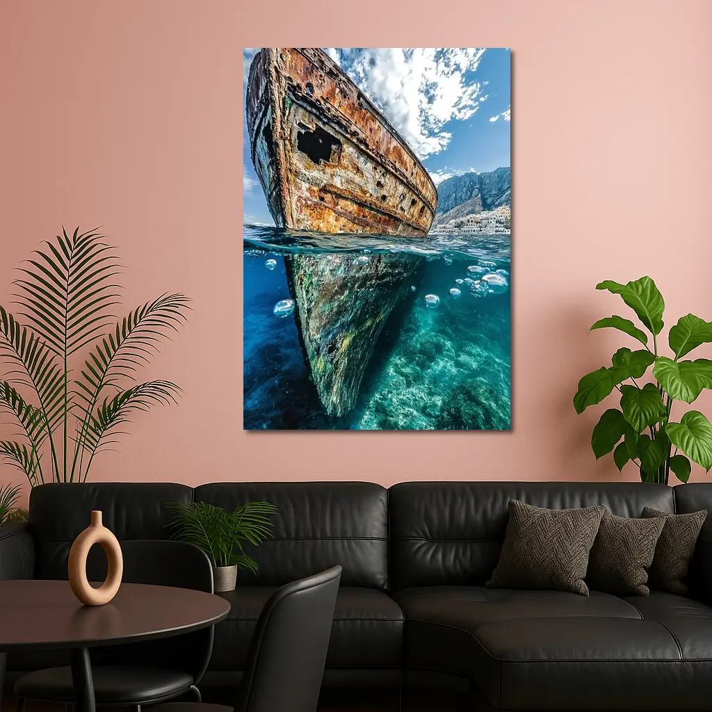 Rusty Shipwreck Split View Clear Ocean Water – Wall Art