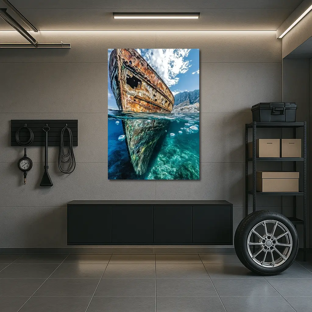 Rusty Shipwreck Split View Clear Ocean Water – Wall Art